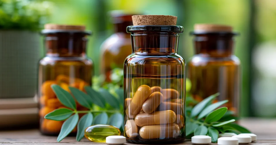 tchitcha. Close up of brown glass supplement bottles with cap 2e1aeab1 813e 42a6 b642 13b542de6596 0 pour naturopathie